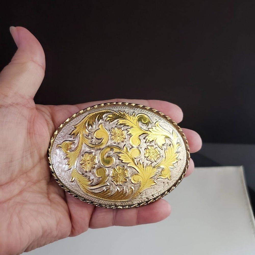 Western Belt Buckle Silver Gold Two Tone Engraved Floral Made in USA